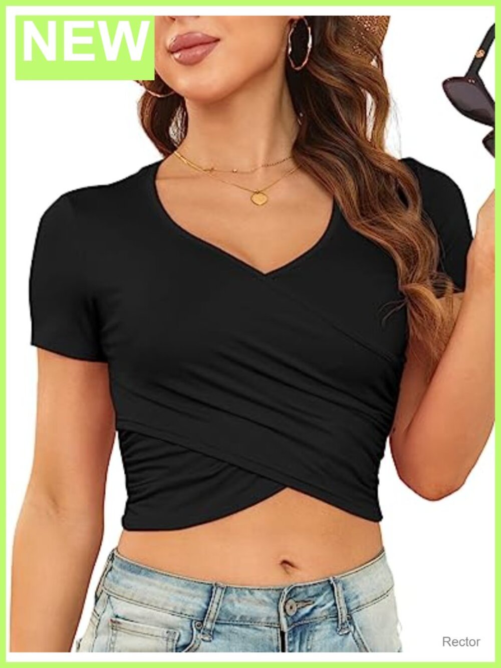 Women's Short Sleeve Crop Top Deep V Neck Stretchy Slim Fit Cross Wrap Tee